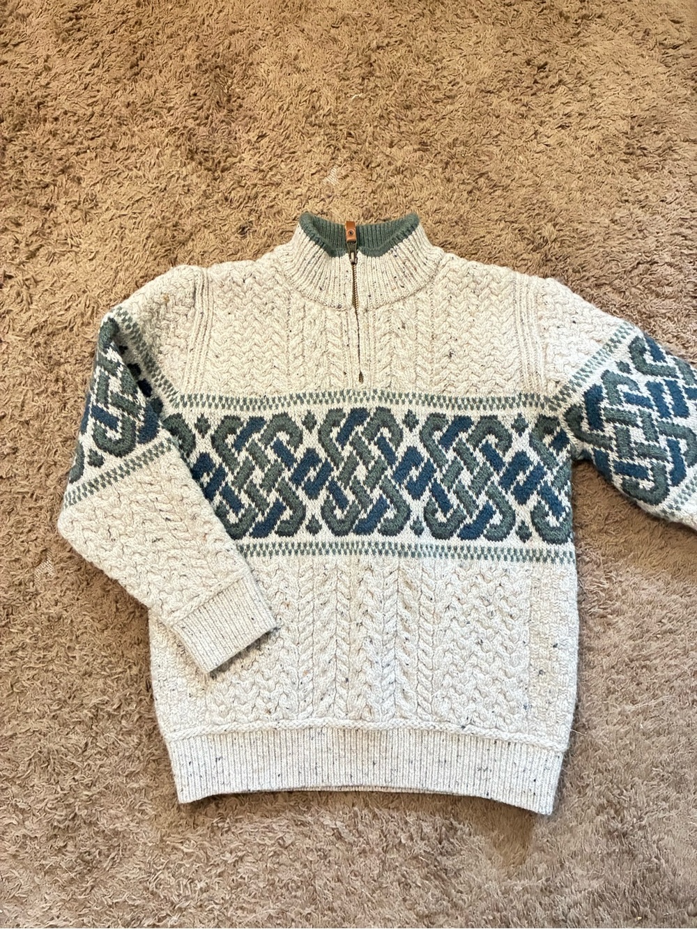 Arancrafts Ireland 100% Merino Wool Quarter Zip Sweater M Cream Celtic Knit